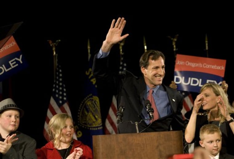 Republican gubernatorial candidate Chris Dudley speaks to supporters at the Rose Garden in Portland, Ore. Tuesday, Nov. 2, 2010. (AP Photo/The Oregonian, Bruce Ely)  MAGS OUT; NO SALES